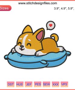 Adorable Corgi sleeping on a pillow embroidery design, perfect corgi dog digital file for crafting and embroidery projects.