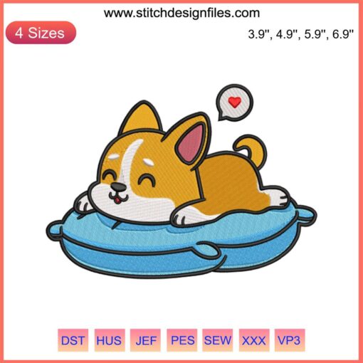 Adorable Corgi sleeping on a pillow embroidery design, perfect corgi dog digital file for crafting and embroidery projects.