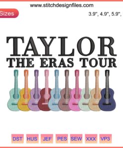 Taylor Eras Tour Guitar Embroidery digital design file, featuring intricate guitar detailing and music-themed elements.