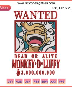 Luffy Gear 5 Bounty Embroidery Design File: Detailed One Piece Anime Machine Design, High-Quality Stitch Pattern.