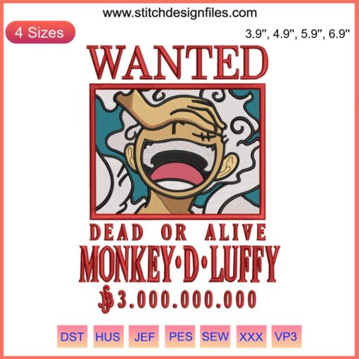 Luffy Gear 5 Bounty Embroidery Design File: Detailed One Piece Anime Machine Design, High-Quality Stitch Pattern.