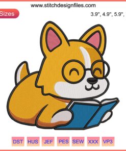 Corgi embroidery design: adorable Corgi dog reading a book, perfect for machine embroidery projects, digital design file.