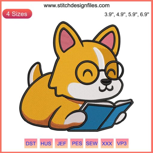 Corgi embroidery design: adorable Corgi dog reading a book, perfect for machine embroidery projects, digital design file.