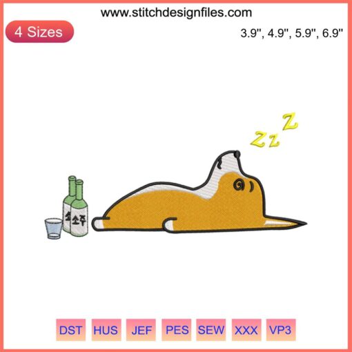 Cute Corgi Embroidery Design: Soju Nightlife Theme | Machine File | Adorable Corgi Dog Pattern