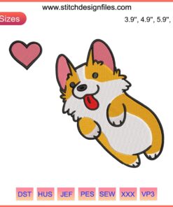Cute Corgi Chasing Heart Embroidery Design File | Adorable Corgi Dog Machine Embroidery Pattern Download