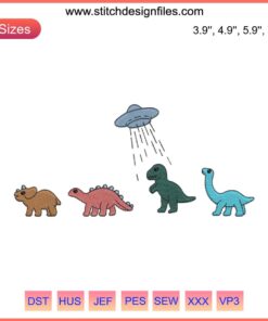 Quirky dinosaur embroidery design featuring T-Rex being abducted by UFO; playful alien theme, ideal for unique crafting projects.