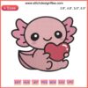 Cute axolotl smiling, holding heart embroidery design file; adorable salamander pattern for creative projects.