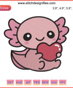 Cute axolotl smiling, holding heart embroidery design file; adorable salamander pattern for creative projects.