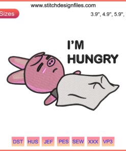 Dwaekki I'm Hungry Embroidery: Lazy Pig, Funny Design. Downloadable digital embroidery of a cartoon pig with humorous "I'm hungry" text.
