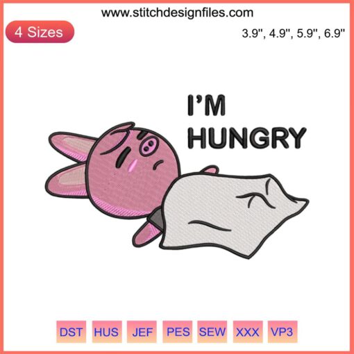 Dwaekki I'm Hungry Embroidery: Lazy Pig, Funny Design. Downloadable digital embroidery of a cartoon pig with humorous "I'm hungry" text.