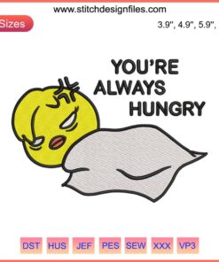 Bbokari "You're Always Hungry" Skzoo embroidery design file, vibrant Skzoo character with text in eye-catching stitch details.