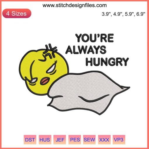 Bbokari "You're Always Hungry" Skzoo embroidery design file, vibrant Skzoo character with text in eye-catching stitch details.