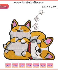 Cute Corgi Couple Embroidery: Adorable sleeping corgis design file for machine embroidery | Corgi dog digital artwork