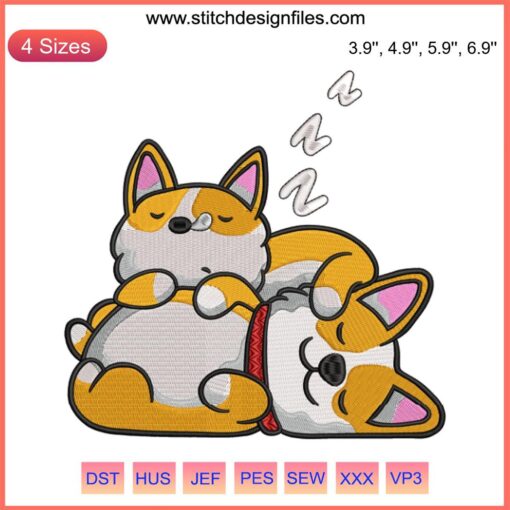Cute Corgi Couple Embroidery: Adorable sleeping corgis design file for machine embroidery | Corgi dog digital artwork