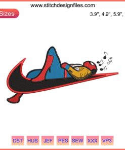"Spider-Man embroidery design listening to music; swoosh machine file, intricate digital design for personalization."