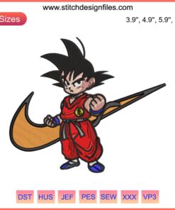 Goku-inspired Nike embroidery design file, featuring Son Goku from Dragon Ball in an iconic pose, perfect for machine embroidery.