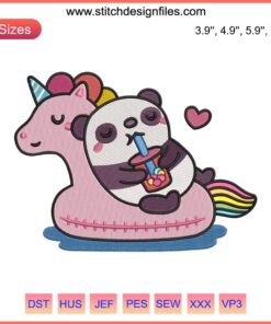 Cute panda sipping boba milk tea embroidery design file; adorable panda with straw, perfect for DIY projects and crafting.