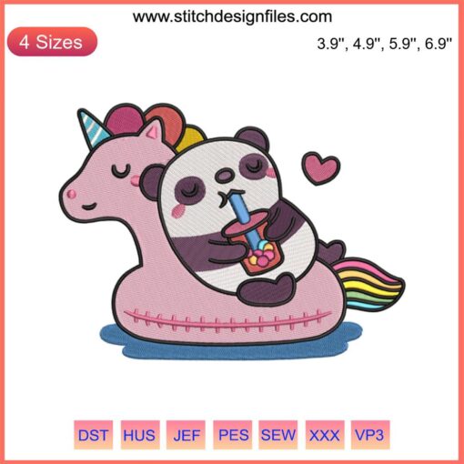Cute panda sipping boba milk tea embroidery design file; adorable panda with straw, perfect for DIY projects and crafting.