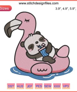 Cute panda embroidery design on a flamingo pool float, perfect for crafting, sewing enthusiasts, and DIY summer projects.