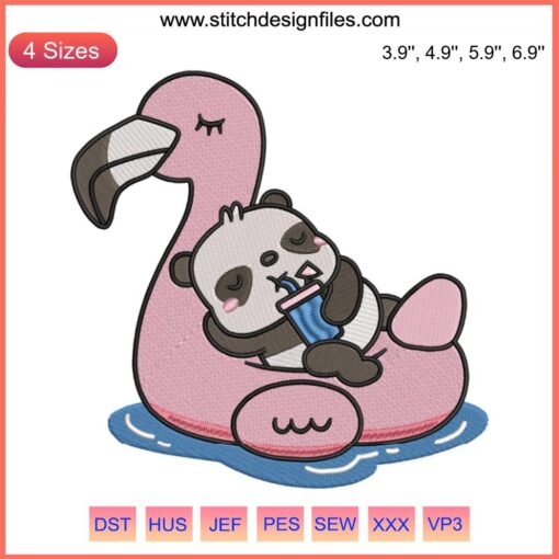 Cute panda embroidery design on a flamingo pool float, perfect for crafting, sewing enthusiasts, and DIY summer projects.