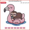 Cute sloth on pink flamingo pool float embroidery design, digital download, quirky animal-themed stitching pattern.