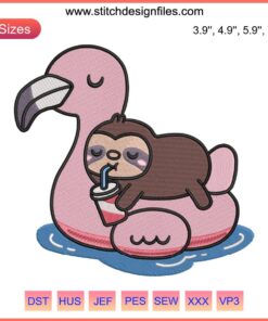 Cute sloth on pink flamingo pool float embroidery design, digital download, quirky animal-themed stitching pattern.