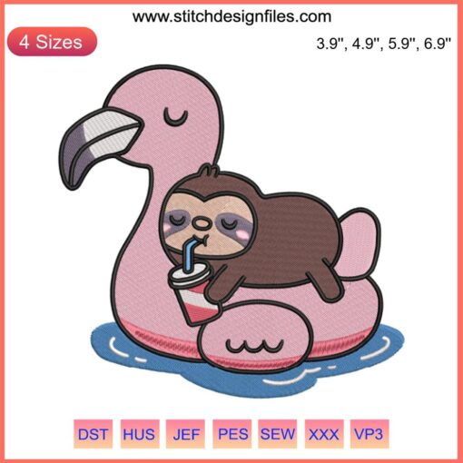 Cute sloth on pink flamingo pool float embroidery design, digital download, quirky animal-themed stitching pattern.