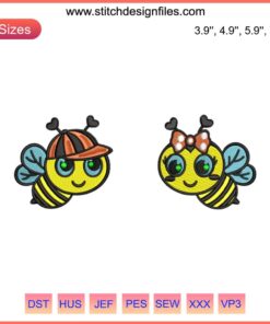 Cartoon bee couple embroidery design file, featuring adorable bumblebees with heart accents for DIY crafts and sewing projects.