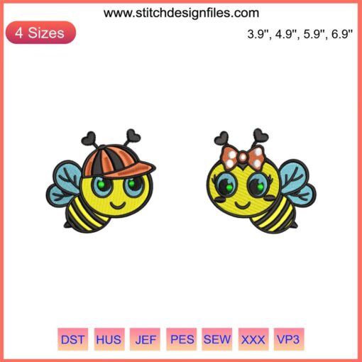 Cartoon bee couple embroidery design file, featuring adorable bumblebees with heart accents for DIY crafts and sewing projects.