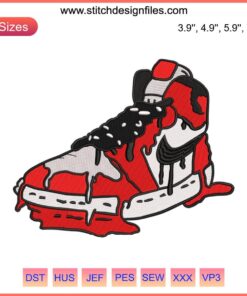 Embroidery design of melting Jordan sneakers in Chicago style, vibrant colors, sneakerhead digital file for embroidery enthusiasts.