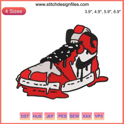 Embroidery design of melting Jordan sneakers in Chicago style, vibrant colors, sneakerhead digital file for embroidery enthusiasts.