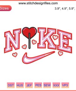 Nike Logo Heart Embroidery Design File: Heart-shaped Nike logo embroidery pattern for fashion and craft projects.