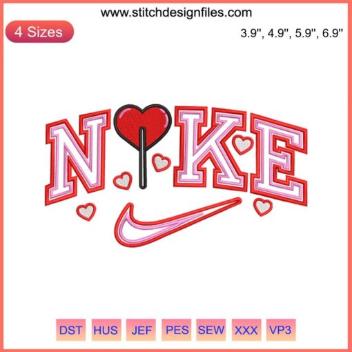 Nike Logo Heart Embroidery Design File: Heart-shaped Nike logo embroidery pattern for fashion and craft projects.