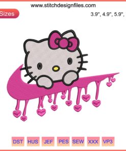 Cute Hello Kitty embroidery design with swoosh and dripping effect, perfect for machine embroidery projects.