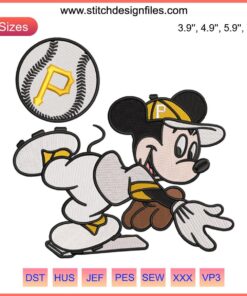 Mickey Mouse in Pittsburgh Pirates attire MLB embroidery design file, digital download, optimized for embroidery machines.