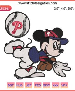 Philadelphia Phillies Mickey Mouse embroidery design, MLB digital file, baseball-themed machine embroidery pattern.