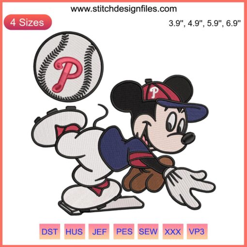Philadelphia Phillies Mickey Mouse embroidery design, MLB digital file, baseball-themed machine embroidery pattern.