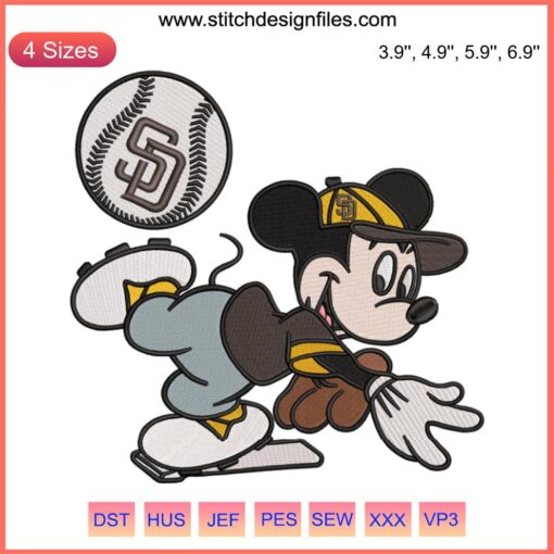 San Diego Padres Mickey Embroidery Design, MLB Baseball Machine File, Cute Disney-MLB Crossover, DIY Craft, Digital Embroidery.