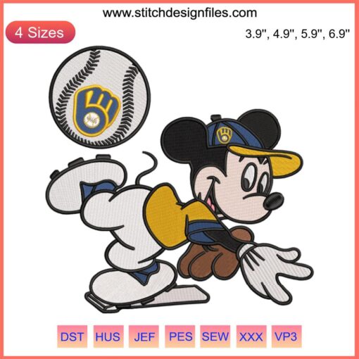 Milwaukee Brewers Mickey Mouse Embroidery Design File | MLB Baseball Machine Pattern
