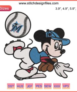 Mickey Mouse in Miami Marlins jersey embroidery design, MLB baseball machine file, vibrant team colors, detailed stitch pattern.