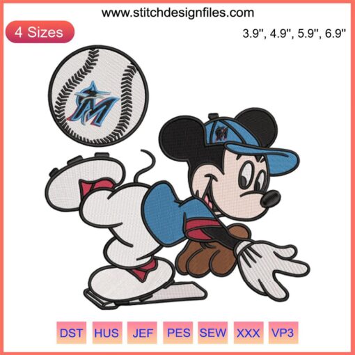 Mickey Mouse in Miami Marlins jersey embroidery design, MLB baseball machine file, vibrant team colors, detailed stitch pattern.