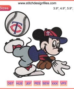 Minnesota Twins Mickey Embroidery File: MLB Baseball Design featuring Minnie Mouse in Twins jersey, perfect for crafting and apparel.