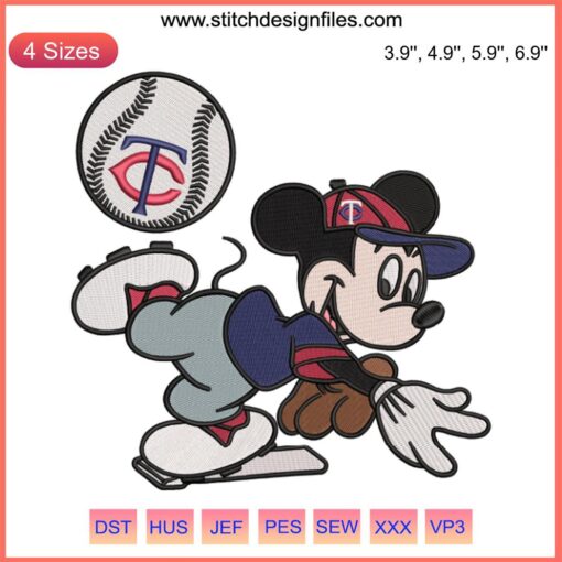 Minnesota Twins Mickey Embroidery File: MLB Baseball Design featuring Minnie Mouse in Twins jersey, perfect for crafting and apparel.
