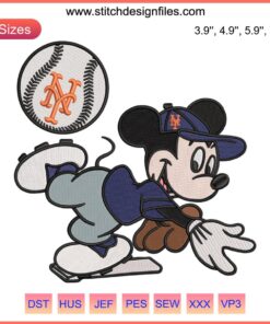 New York Mets Mickey Embroidery Design File: Mickey Mouse MLB Baseball-themed digital embroidery, team logo colors.