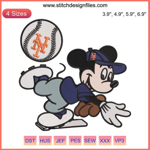 New York Mets Mickey Embroidery Design File: Mickey Mouse MLB Baseball-themed digital embroidery, team logo colors.