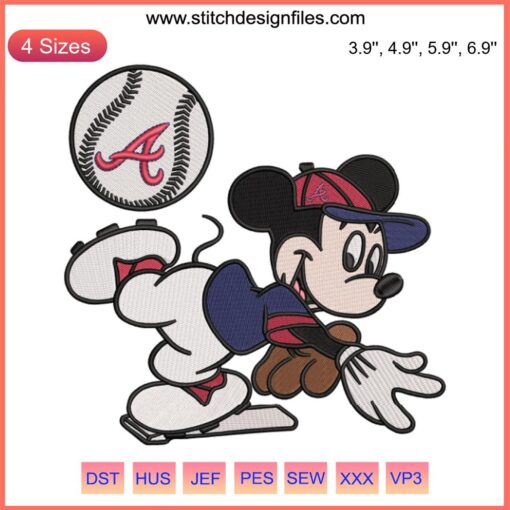 Atlanta Braves Mickey Mouse MLB Embroidery Design File - Unique Baseball Logo with Iconic Disney Character.