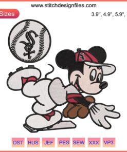 Chicago White Sox Mickey Baseball Embroidery Design File featuring MLB mascot in team gear, ideal for sports embroidery projects.