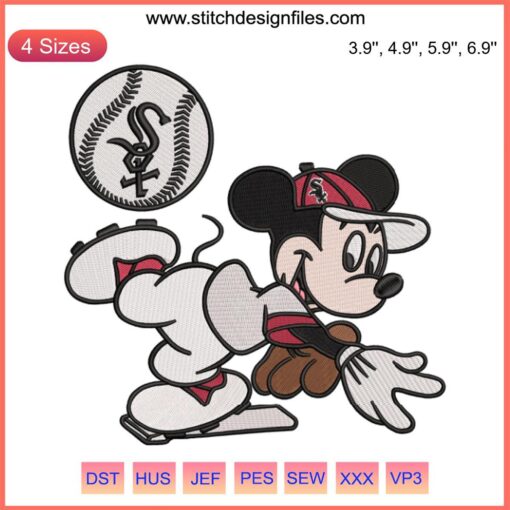 Chicago White Sox Mickey Baseball Embroidery Design File featuring MLB mascot in team gear, ideal for sports embroidery projects.