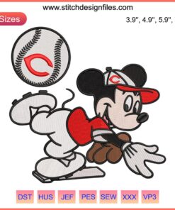 Cincinnati Reds Mickey Baseball Embroidery MLB Design File: Detailed Mickey Mouse in Reds jersey stitching pattern.