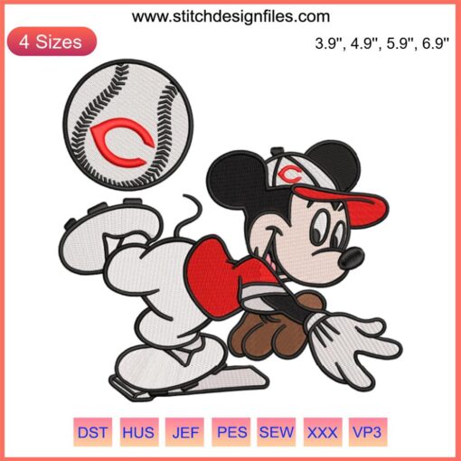 Cincinnati Reds Mickey Baseball Embroidery MLB Design File: Detailed Mickey Mouse in Reds jersey stitching pattern.